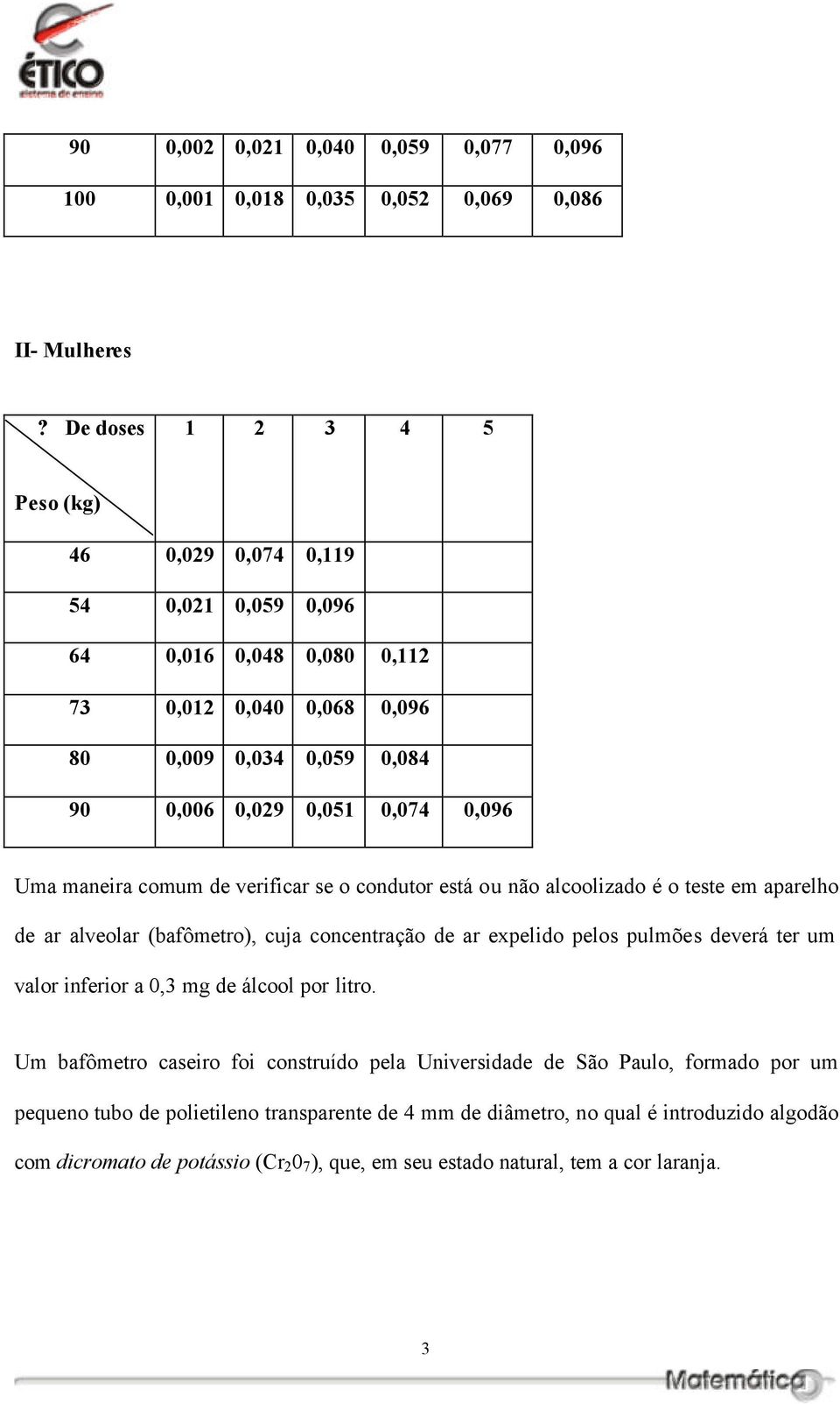 maneira comum de verificar se o condutor está ou não alcoolizado é o teste em aparelho de ar alveolar (bafômetro), cuja concentração de ar expelido pelos pulmões deverá ter um valor inferior