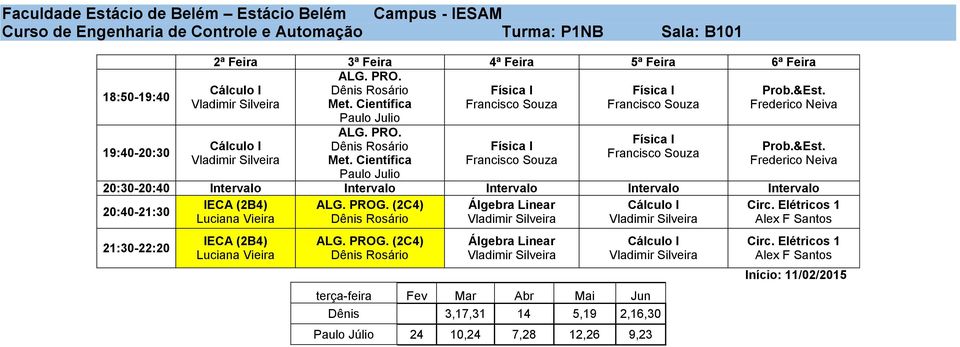 Frederico Neiva Prob.&Est. Frederico Neiva 20:30-20:40 Intervalo Intervalo Intervalo Intervalo Intervalo IECA (2B4) ALG. PROG. (2C4) Álgebra Linear Cálculo I Circ.