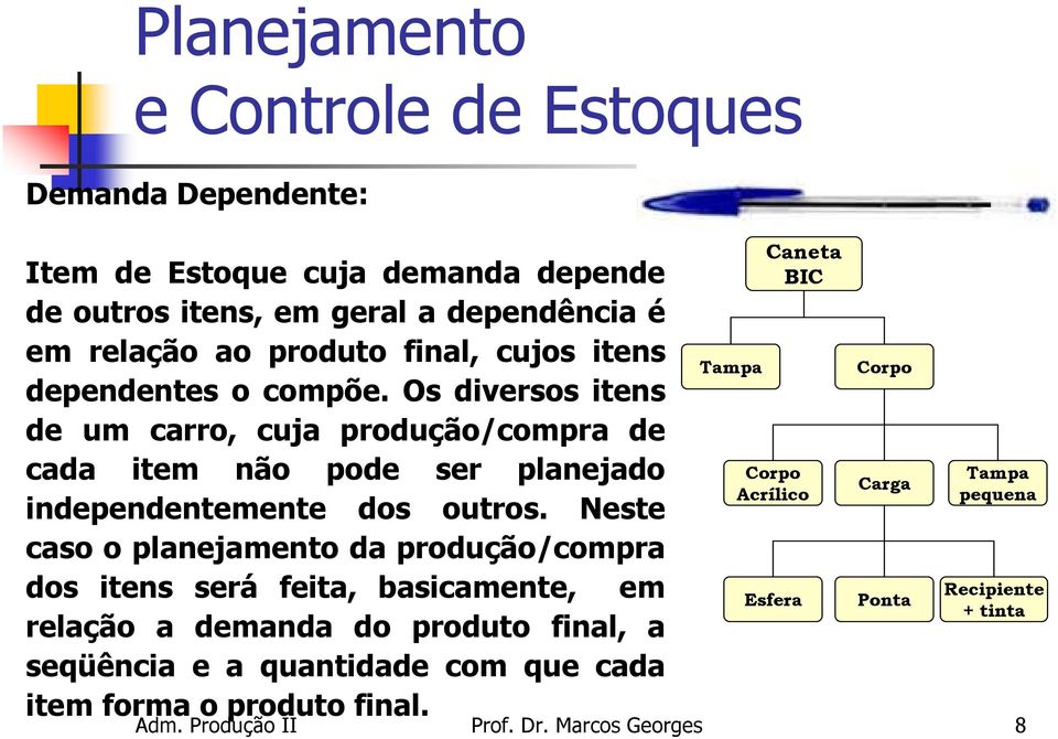 Neste caso o planejamento da produção/compra dos tens será feta, bascamente, em relação a demanda do produto fnal, a seqüênca e a quantdade com