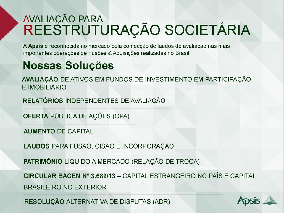 Nossas Soluções AVALIAÇÃO DE ATIVOS EM FUNDOS DE INVESTIMENTO EM PARTICIPAÇÃO E IMOBILIÁRIO RELATÓRIOS INDEPENDENTES DE AVALIAÇÃO OFERTA PÚBLICA