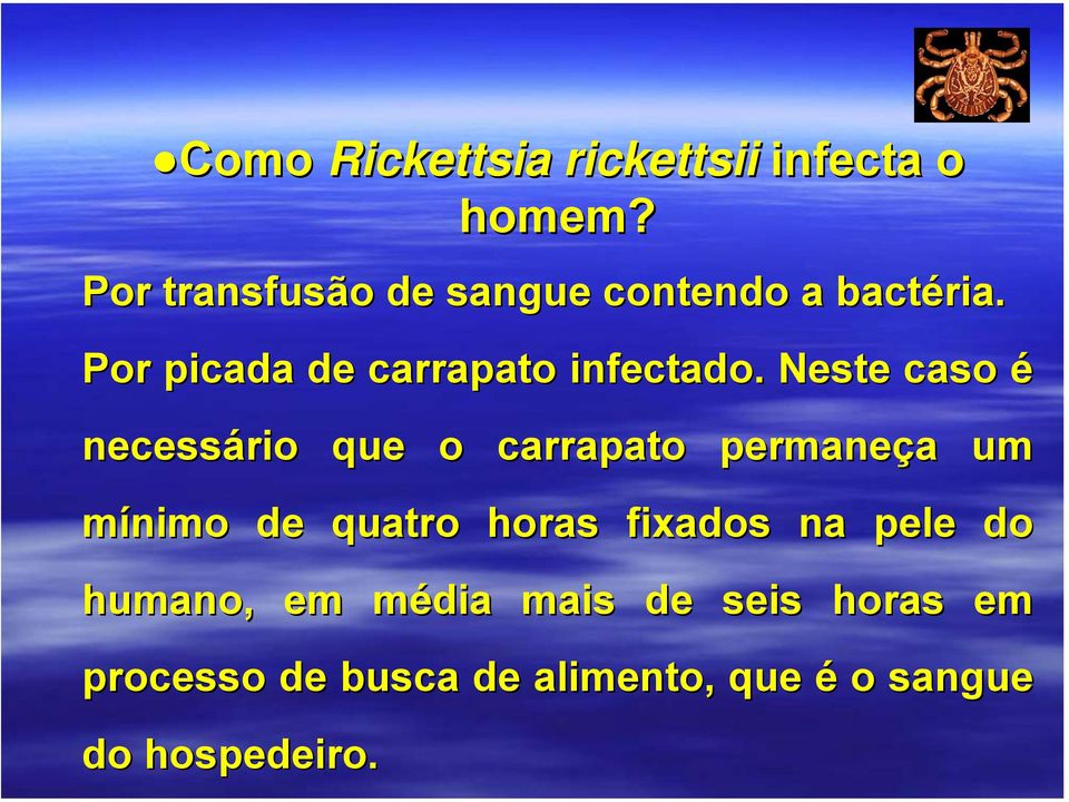 Neste caso é necessário que o carrapato permaneça um mínimo de quatro horas