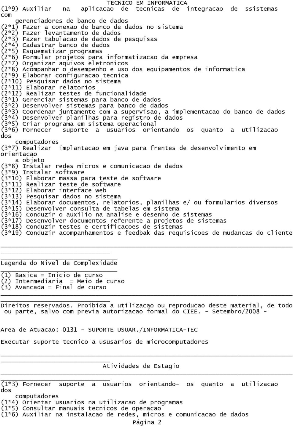 o desempenho e uso dos equipamentos de informatica (2*9) Elaborar configuracao tecnica (2*10) Pesquisar dados no sistema (2*11) Elaborar relatorios (2*12) Realizar testes de funcionalidade (3*1)