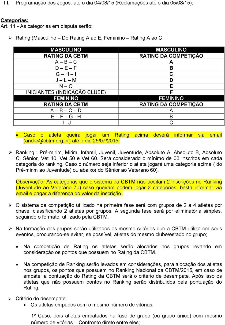 CBTM A B C D E F G - H I - J MASCULINO RATING DA COMPETIÇÃO A B C D E F FEMININO RATING DA COMPETIÇÃO A B C Caso o atleta queira jogar um Rating acima deverá informar via email (andre@cbtm.org.