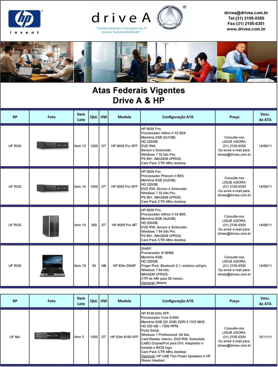 IMAGEM UFRGS; Care Pack CTR 48hs desktop UF RGS 14 1000 DT HP 6005 Pro SFF HP 6005 Pro; Processador Phenom II B55; Memória 4GB (2x2GB); DVD RW; Sensor e Solenoide; Windows 7 32 bits Pro; PS 80+;