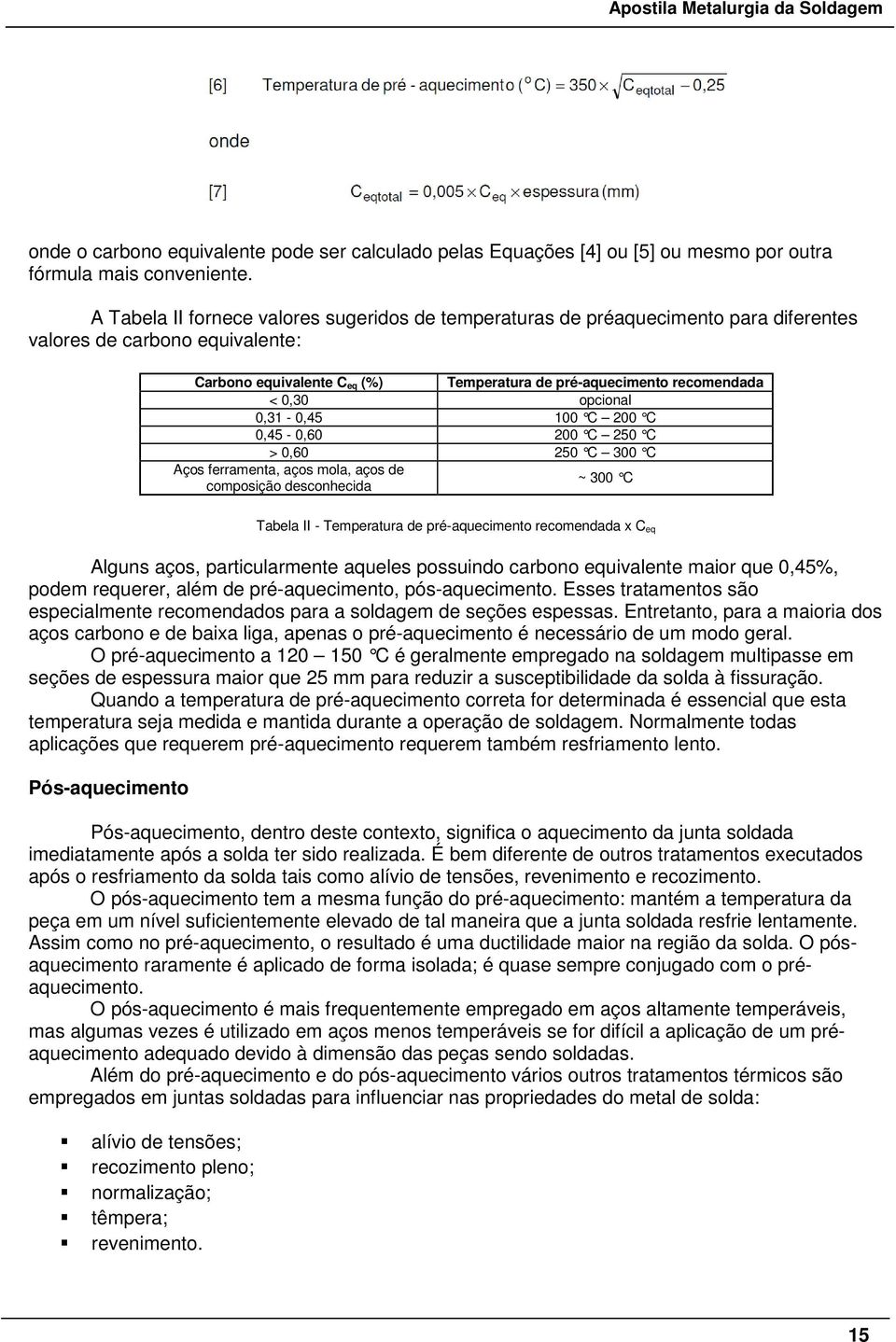 opcional 0,31-0,45 100 C 200 C 0,45-0,60 200 C 250 C > 0,60 250 C 300 C Aços ferramenta, aços mola, aços de composição desconhecida ~ 300 C Tabela II - Temperatura de pré-aquecimento recomendada x C