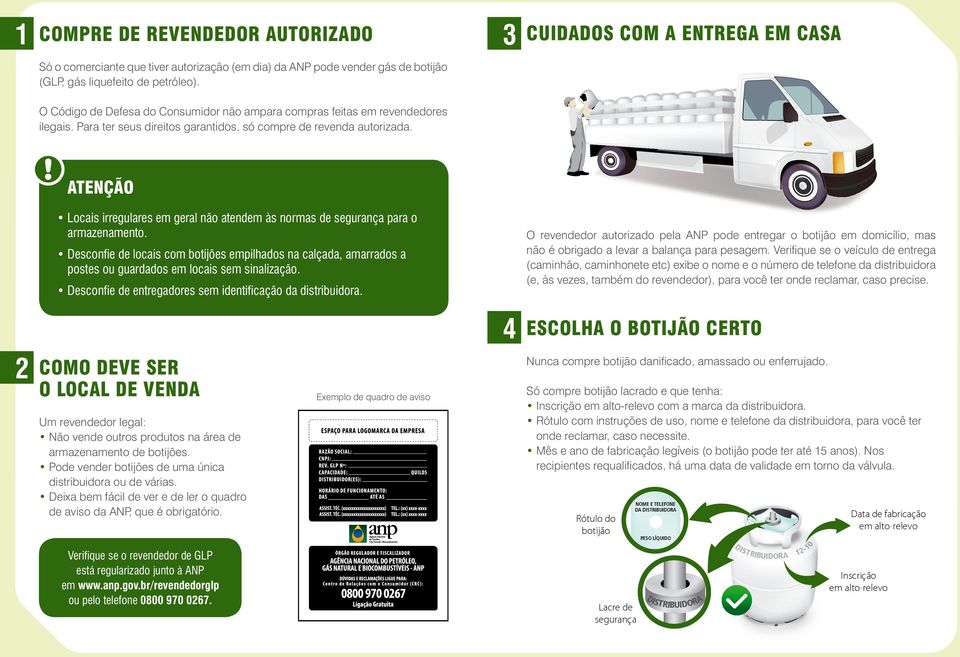 Locais irregulares em geral não atendem às normas de segurança para o armazenamento. Desconfie de locais com botijões empilhados na calçada, amarrados a postes ou guardados em locais sem sinalização.