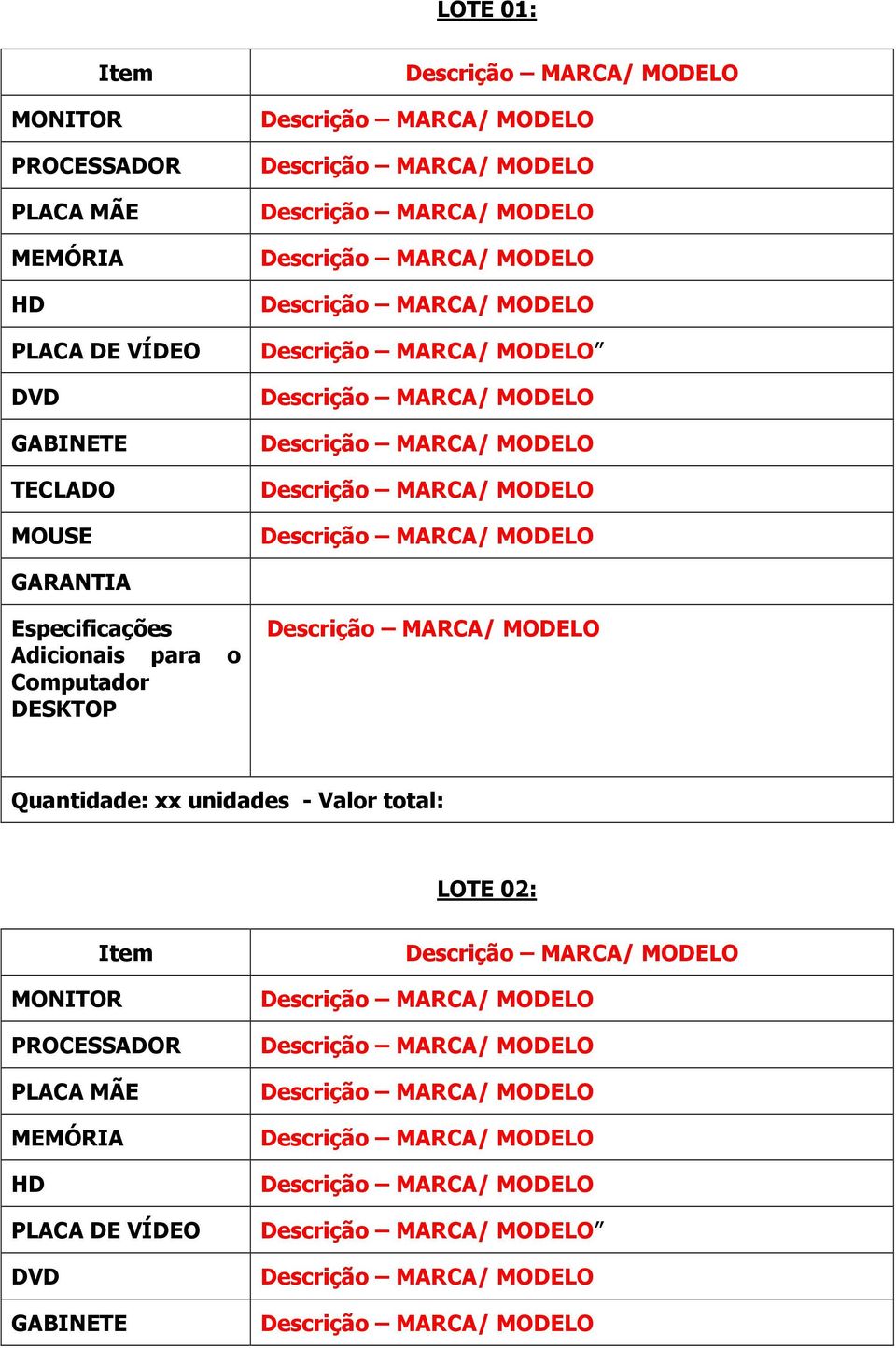 para o Computador DESKTOP Quantidade: unidades - Valor total: