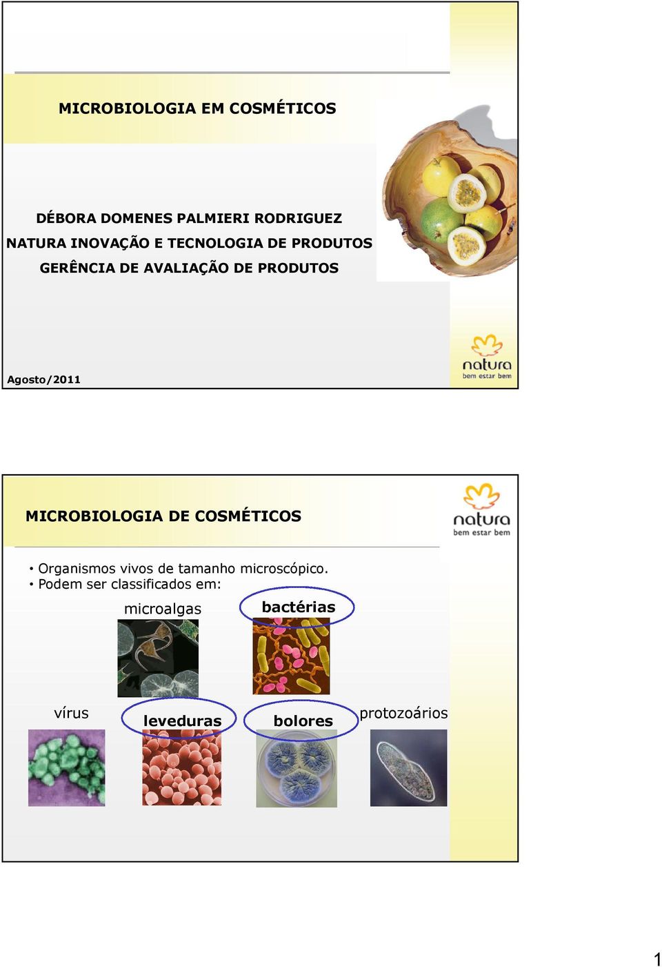 Agosto/2011 MICROBIOLOGIA DE COSMÉTICOS Organismos vivos de tamanho