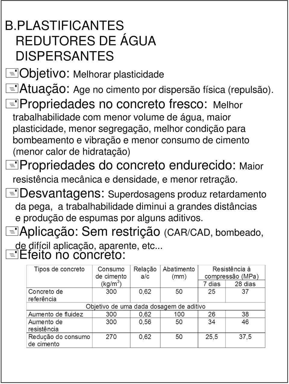 consumo de cimento (menor calor de hidratação) Propriedades do concreto endurecido: Maior resistência mecânica e densidade, e menor retração.