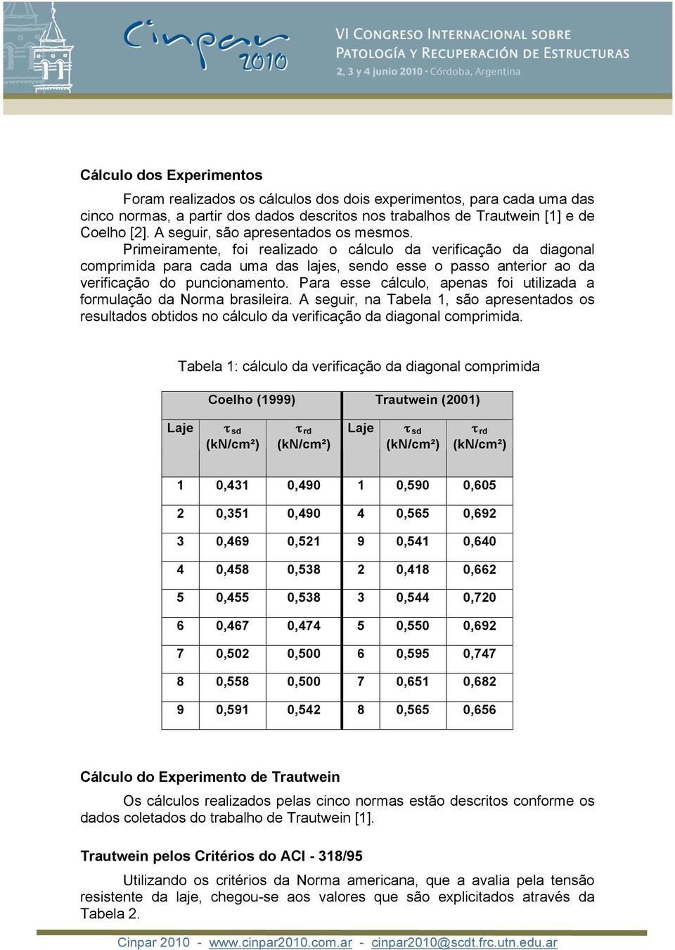 cálculo, apenas foi utilizada a formulação da Norma brasileira A seguir, na Tabela 1, são apresentados os resultados obtidos no cálculo da verificação da diagonal comprimida Tabela 1: cálculo da