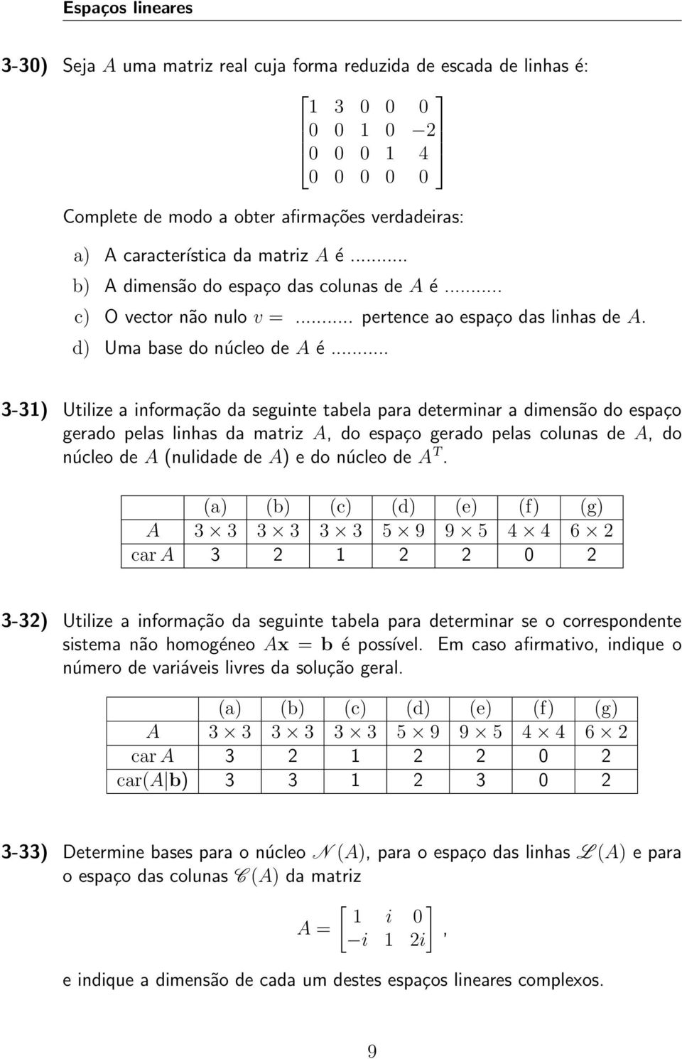 .. 3-31) Utilize a informação da seguinte tabela para determinar a dimensão do espaço gerado pelas linhas da matriz A, do espaço gerado pelas colunas de A, do núcleo de A (nulidade de A) e do núcleo