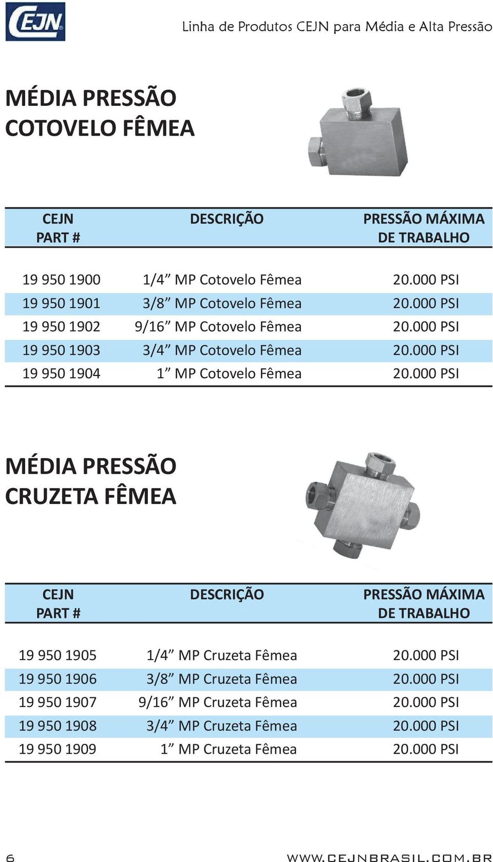 000 PSI 19 950 1904 1 MP Cotovelo Fêmea 20.000 PSI MÉDIA PRESSÃO CRUZETA FÊMEA 19 950 1905 1/4 MP Cruzeta Fêmea 20.