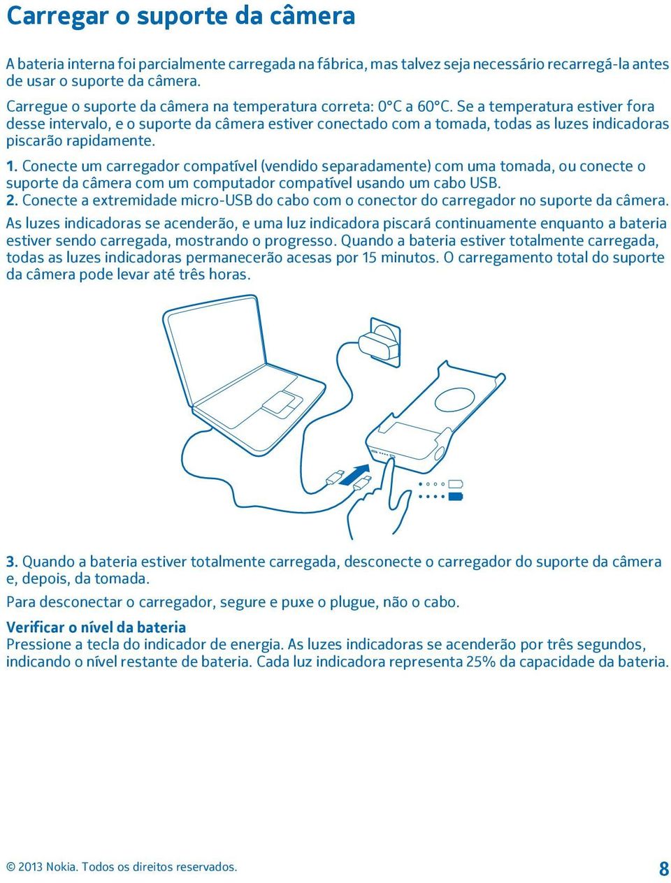 Se a temperatura estiver fora desse intervalo, e o suporte da câmera estiver conectado com a tomada, todas as luzes indicadoras piscarão rapidamente. 1.