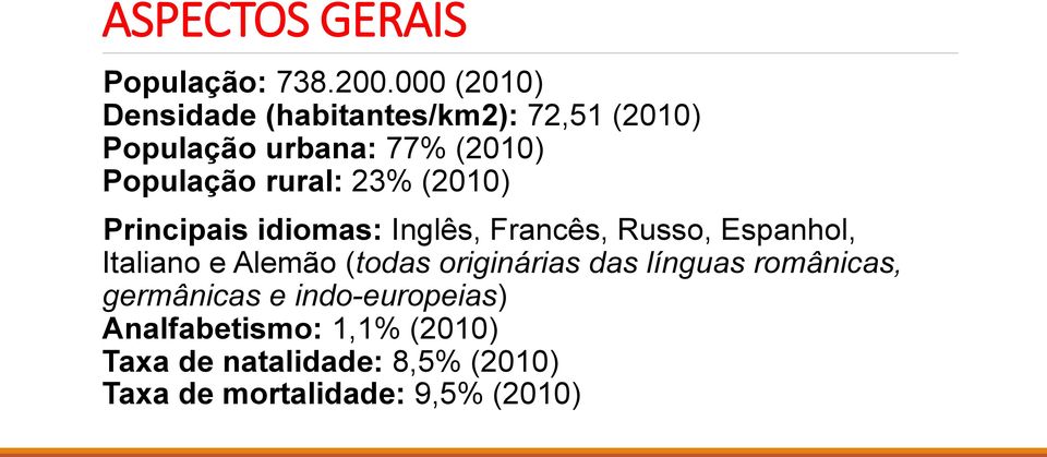 rural: 23% (2010) Principais idiomas: Inglês, Francês, Russo, Espanhol, Italiano e Alemão