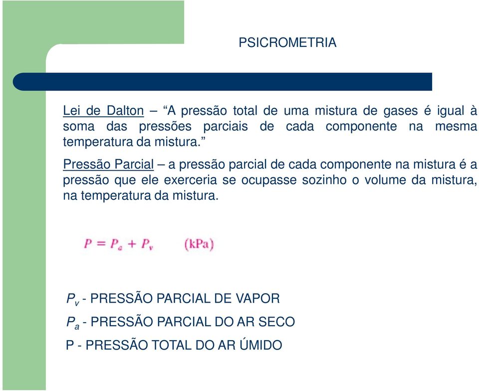 Pressão Parcial a pressão parcial de cada componente na mistura é a pressão que ele exerceria se