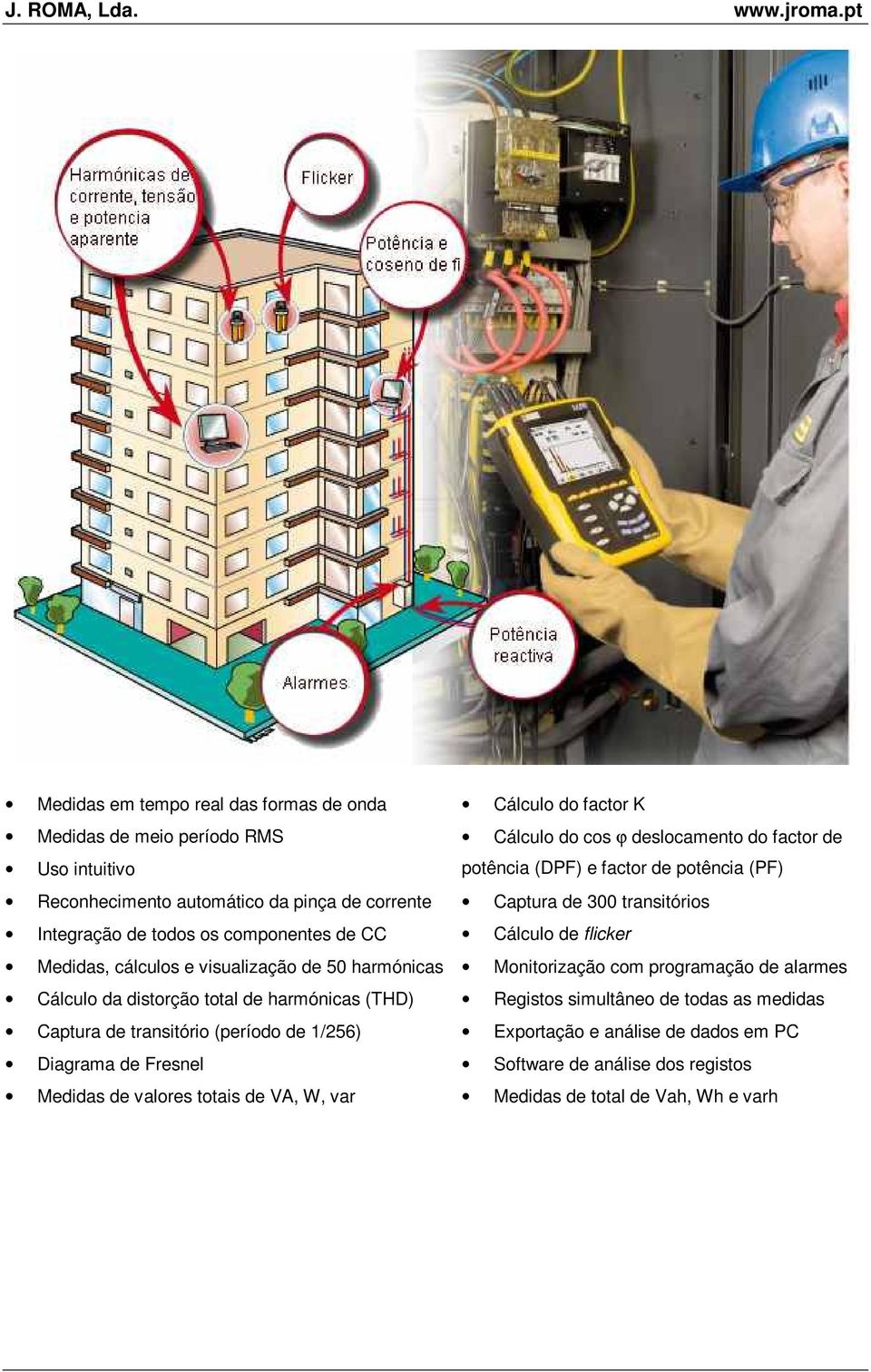 visualização de 50 harmónicas Monitorização com programação de alarmes Cálculo da distorção total de harmónicas (THD) Registos simultâneo de todas as medidas Captura de