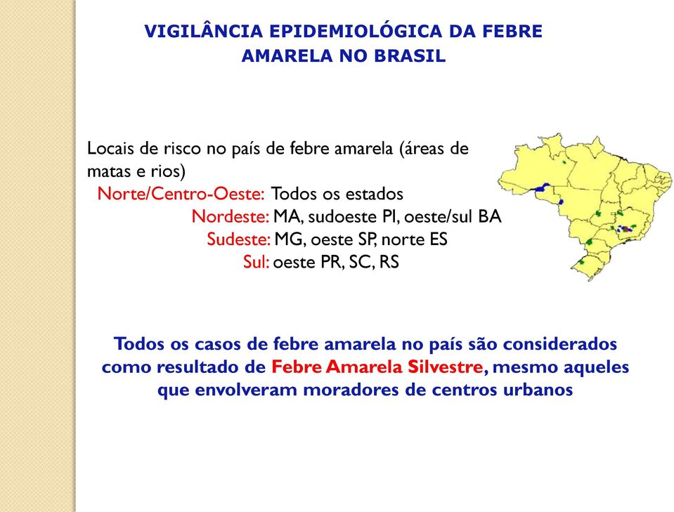 Sudeste: MG, oeste SP, norte ES Sul: oeste PR, SC, RS Todos os casos de febre amarela no país são