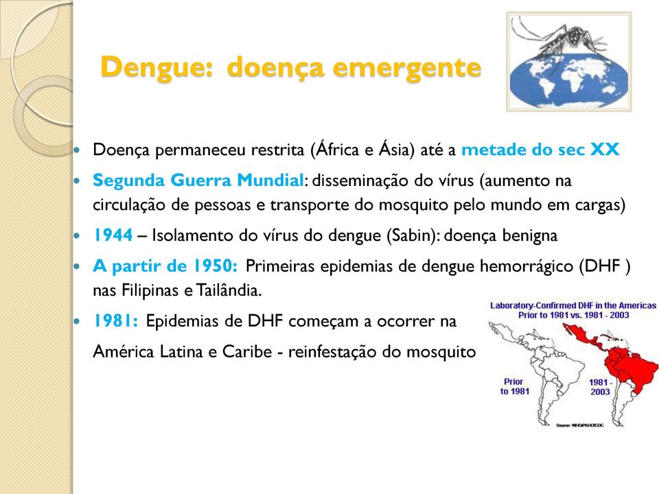 Isolamento do vírus do dengue (Sabin): doença benigna A partir de 1950: Primeiras epidemias de dengue hemorrágico