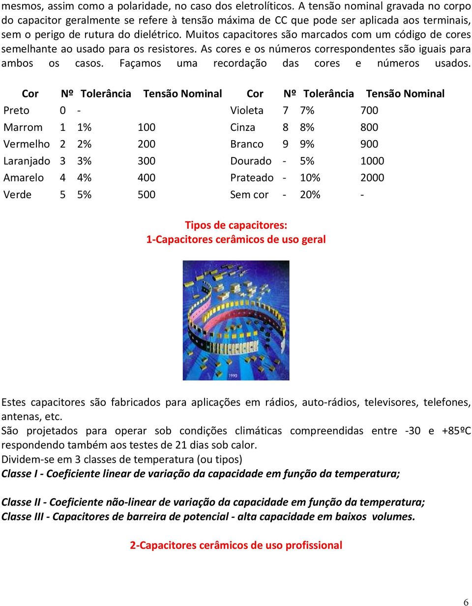 Muitos capacitores são marcados com um código de cores semelhante ao usado para os resistores. As cores e os números correspondentes são iguais para ambos os casos.