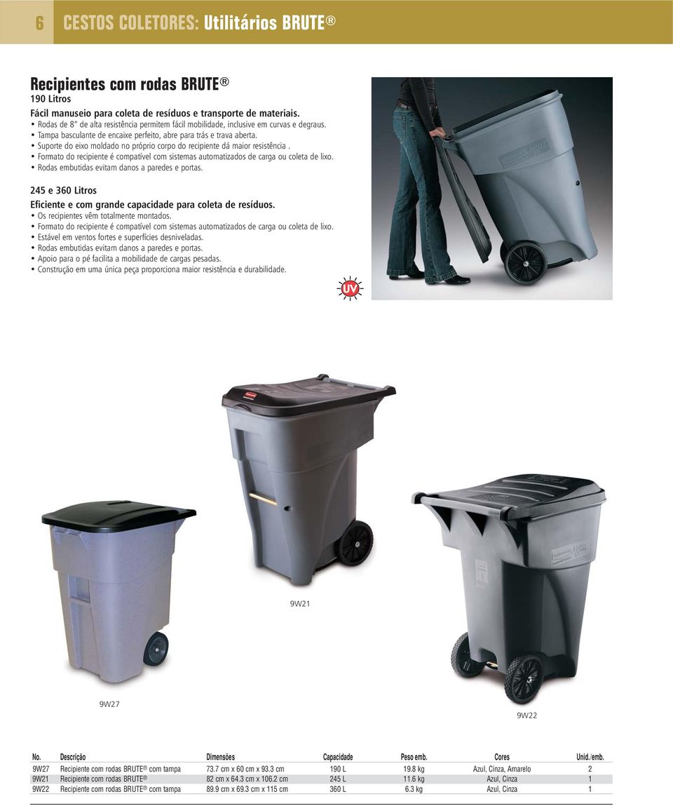 Suporte do eixo moldado no próprio corpo do recipiente dá maior resistência. Formato do recipiente é compatível com sistemas automatizados de carga ou coleta de lixo.