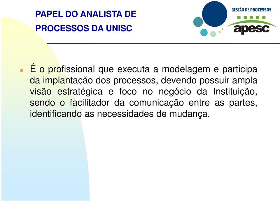 ampla visão estratégica e foco no negócio da Instituição, sendo o