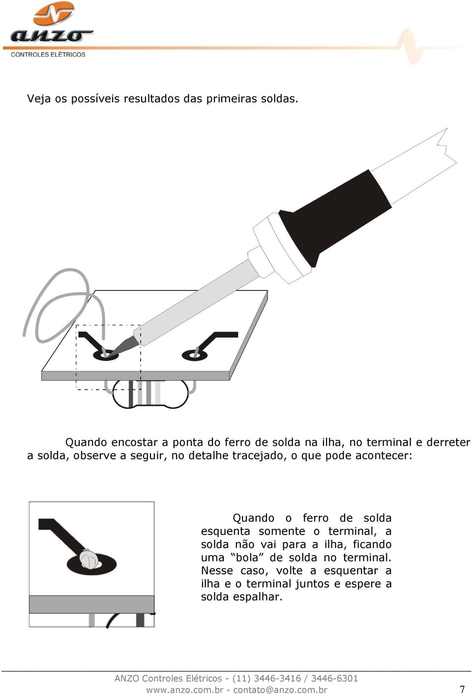 detalhe tracejado, o que pode acontecer: Quando o ferro de solda esquenta somente o terminal, a solda não vai