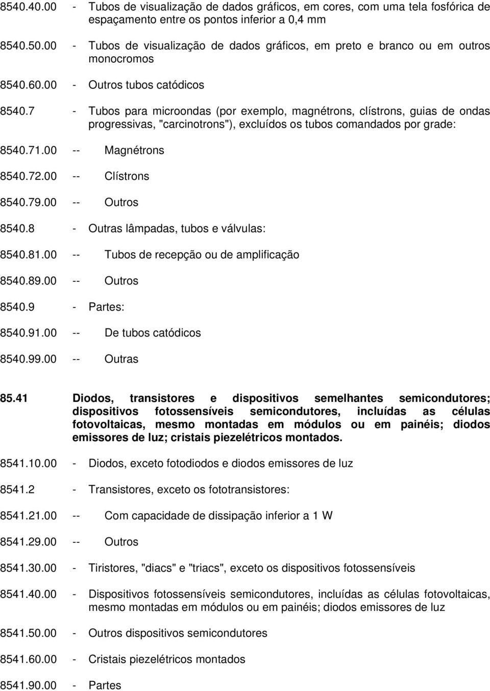 7 - Tubos para microondas (por exemplo, magnétrons, clístrons, guias de ondas progressivas, "carcinotrons"), excluídos os tubos comandados por grade: 8540.71.00 -- Magnétrons 8540.72.