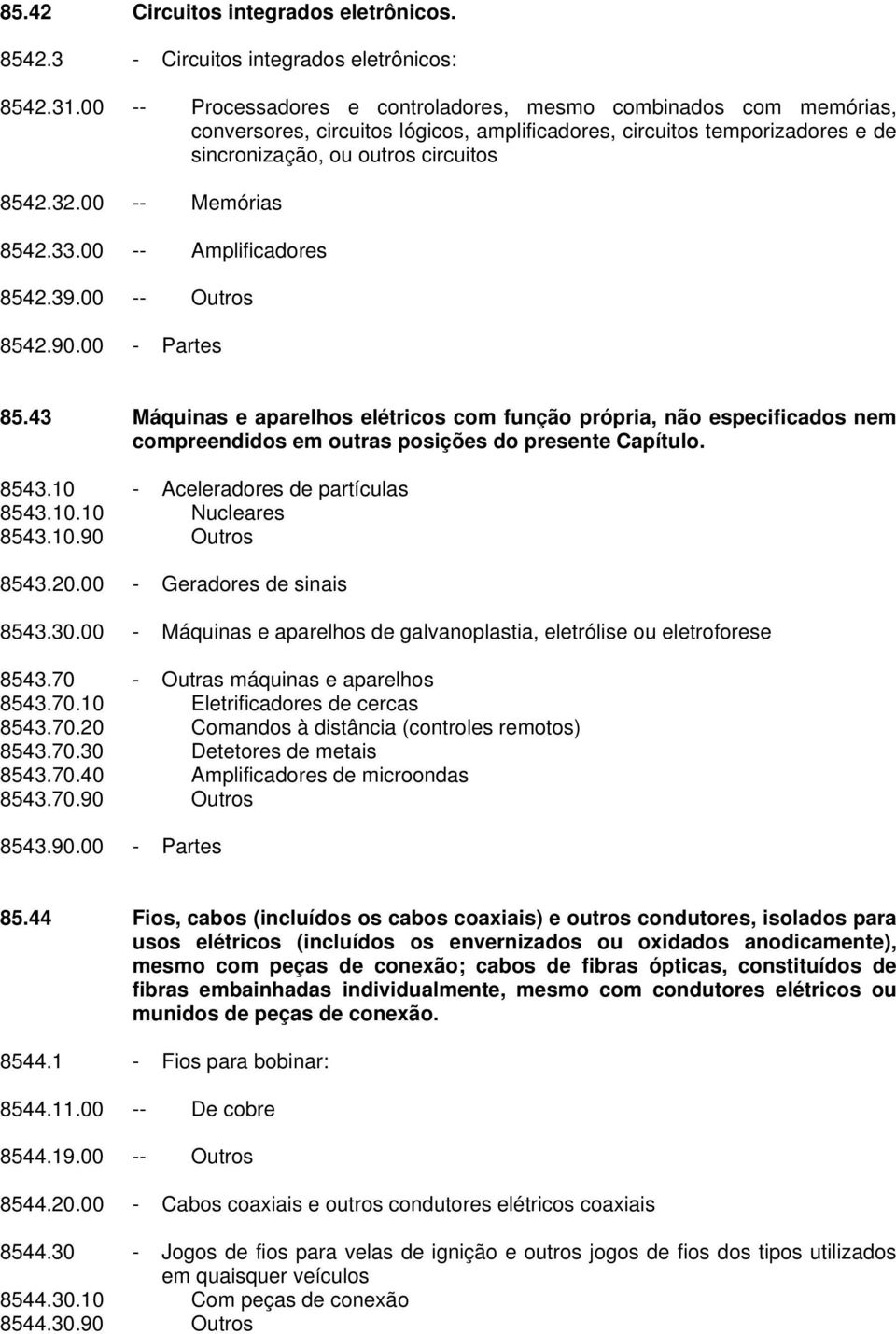 00 -- Memórias 8542.33.00 -- Amplificadores 8542.39.00 -- Outros 8542.90.00 - Partes 85.