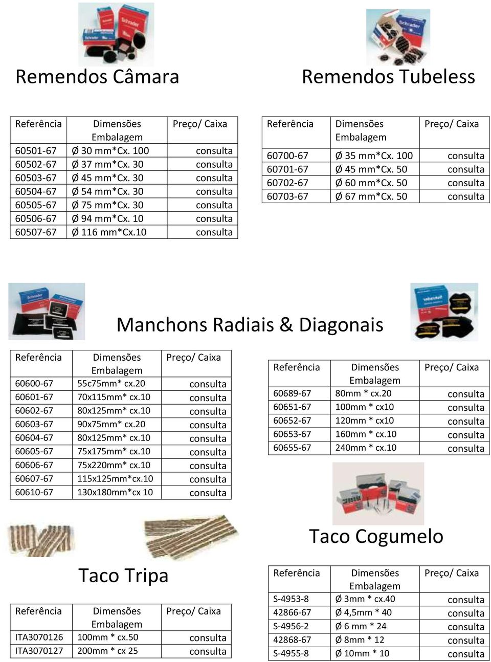 50 Manchons Radiais & Diagonais Referência Dimensões Preço/ Caixa Embalagem 60600-67 55c75mm* cx.20 60601-67 70x115mm* cx.10 60602-67 80x125mm* cx.10 60603-67 90x75mm* cx.20 60604-67 80x125mm* cx.