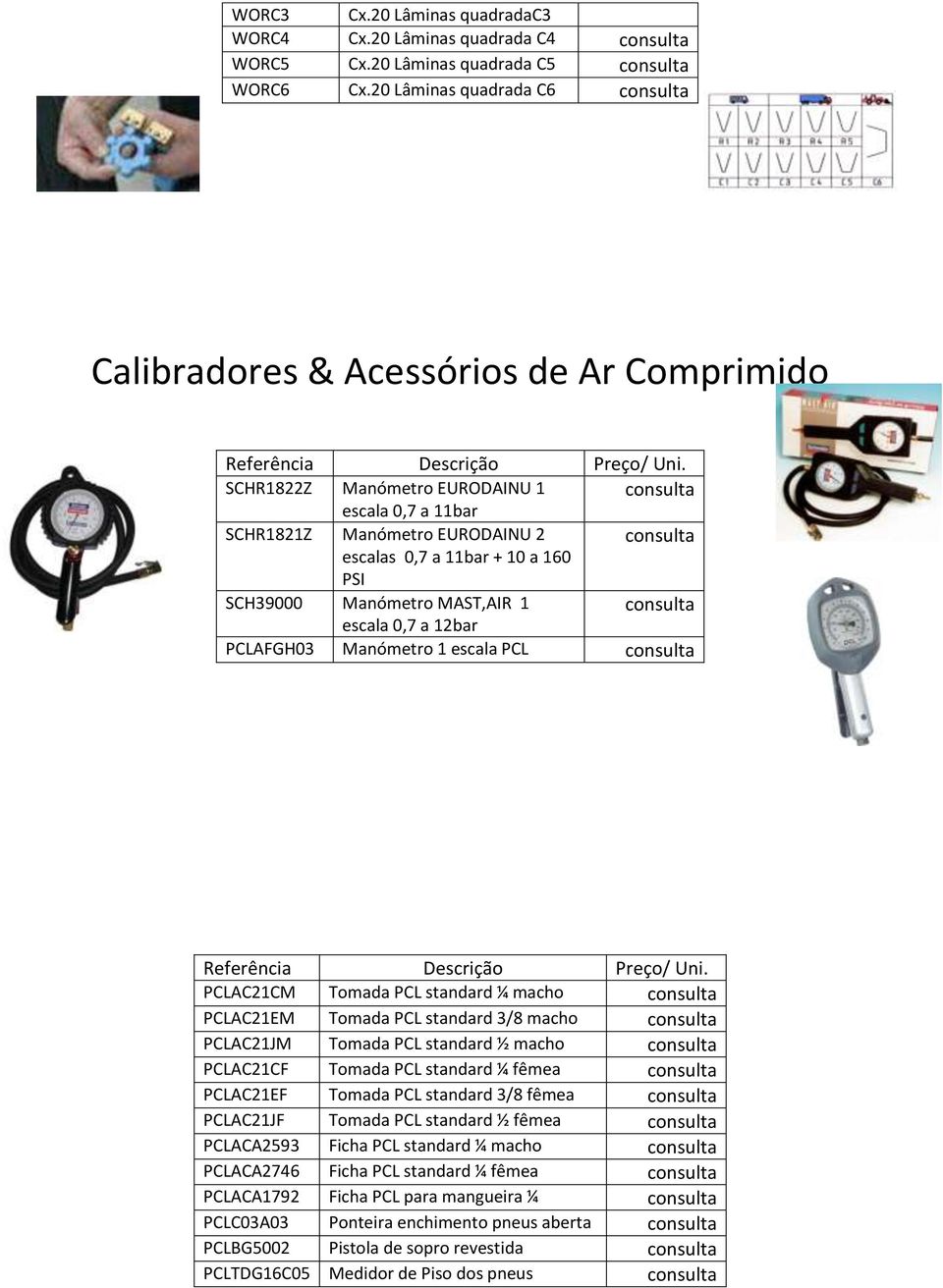 Manómetro MAST,AIR 1 escala 0,7 a 12bar PCLAFGH03 Manómetro 1 escala PCL PCLAC21CM Tomada PCL standard ¼ macho PCLAC21EM Tomada PCL standard 3/8 macho PCLAC21JM Tomada PCL standard ½ macho PCLAC21CF