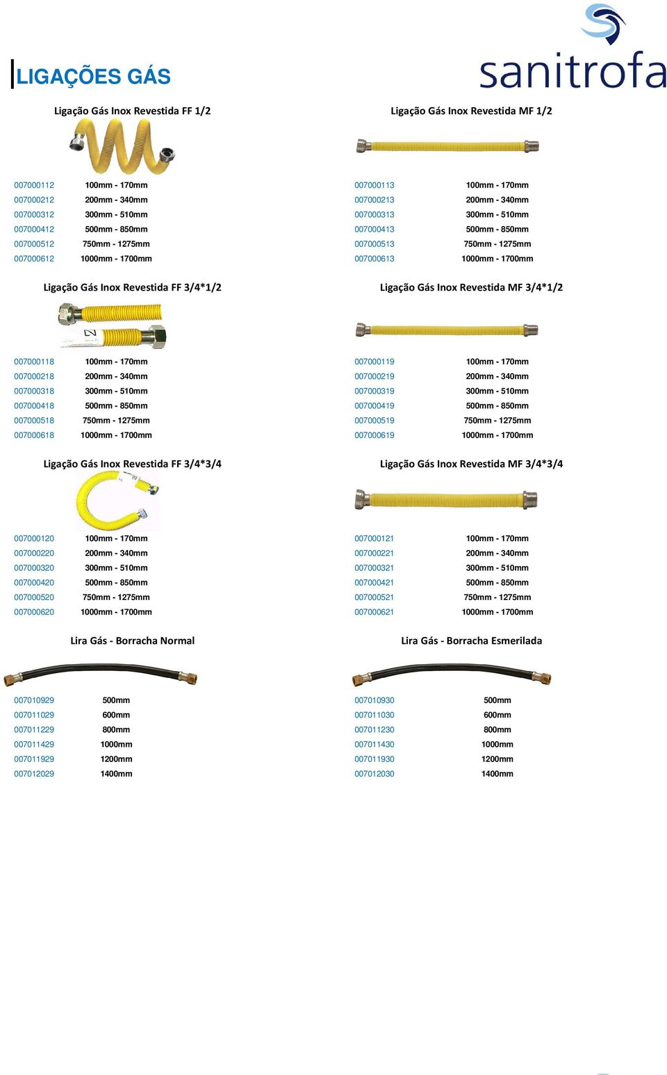 Revestida FF 3/4*1/2 Ligação Gás Inox Revestida MF 3/4*1/2 007000118 100mm - 170mm 007000119 007000218 200mm - 340mm 007000219 007000318 300mm - 510mm 007000319 007000418 500mm - 850mm 007000419
