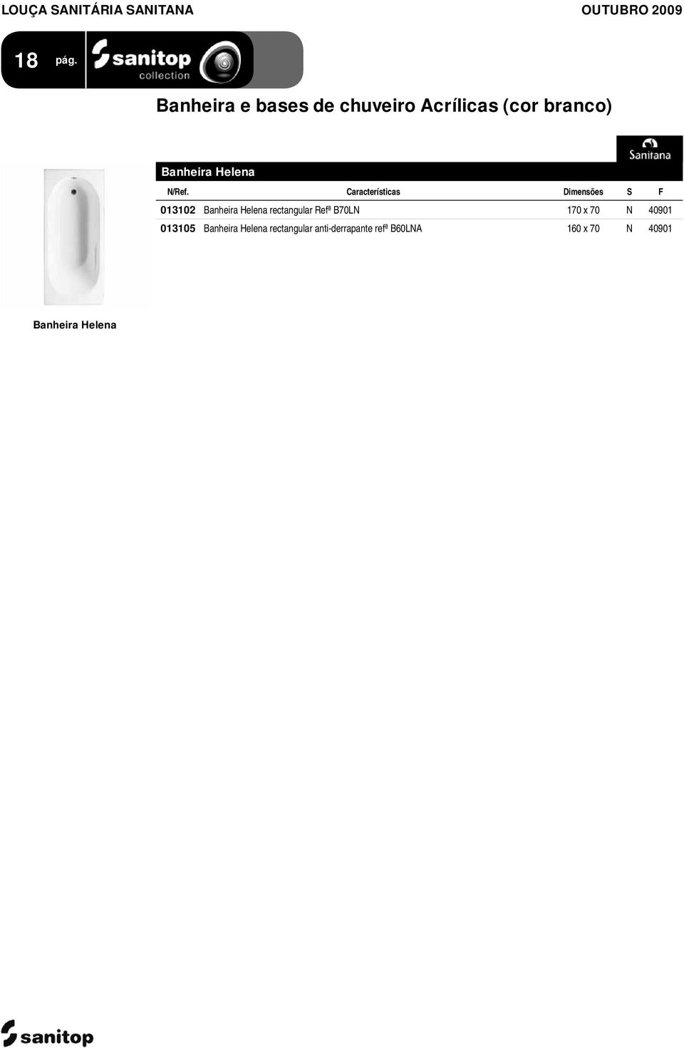 Características Dimensões S F 013102 Banheira Helena rectangular Refª B70LN