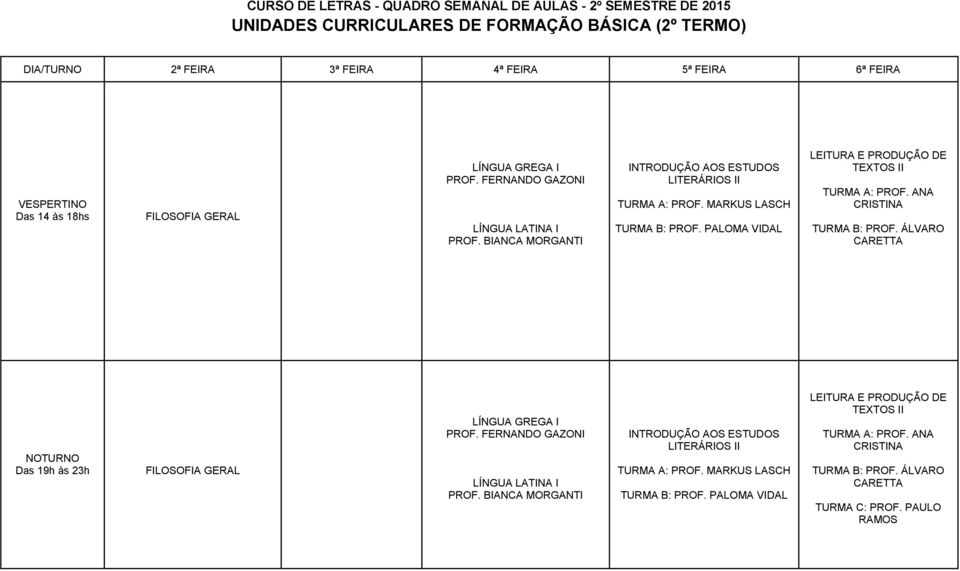 ANA CRISTINA TURMA B: PROF. ÁLVARO CARETTA Das 19h às 23h FILOSOFIA GERAL LÍNGUA GREGA I PROF. FERNANDO GAZONI LÍNGUA LATINA I PROF.  ANA CRISTINA TURMA B: PROF.