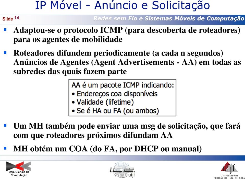 Anúncios de Agentes (Agent Advertisements - AA) em todas as subredes das quais fazem parte Um MH também pode