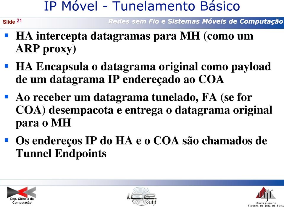 datagrama IP endereçado ao COA Ao receber um datagrama tunelado, FA (se for COA) desempacota