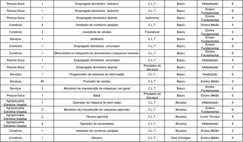 pequenos volumes Bauru Pessoa física 1 Empregado doméstico arrumador Bauru Alfabetizado 5 Pessoa física 1 Empregado doméstico diarista Bauru Alfabetizado 5 1 Programador de sistemas de informação