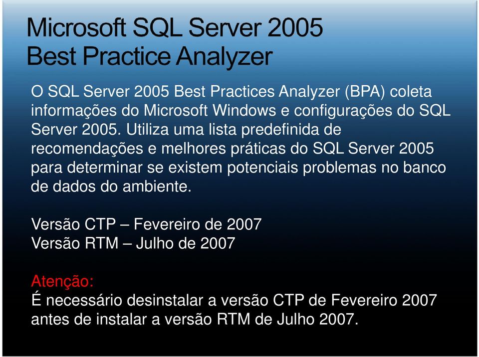 Utiliza uma lista predefinida de recomendações e melhores práticas do SQL Server 2005 para determinar se existem