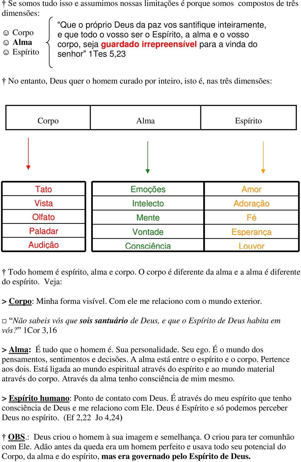 Vista Olfato Paladar Audição Emoções Intelecto Mente Vontade Consciência Amor Adoração Fé Esperança Louvor Todo homem é espírito, alma e corpo.