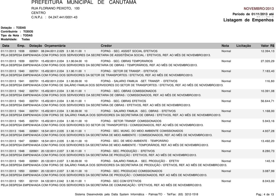 OBRAS TEMPORARIOS Normal 27.320,29 PELA DESPESA EMPENHADA COM FOPAG DOS SERVIDORES DA SECRETARIA DE OBRAS / TEMPORÁRIOS, REF. AO MÊS DE. 01/11/2013 1940 020701 15.452.0011.2.034 3.1.90.11.00 1 FOPAG - SETOR DE TRANSP.