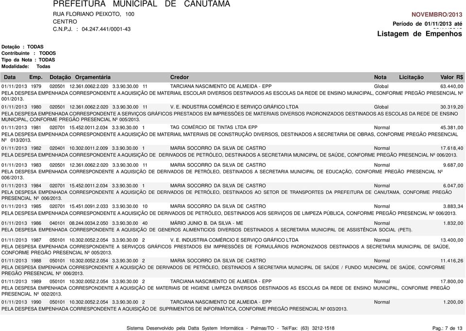 01/11/2013 1980 020501 12.361.0062.2.020 3.3.90.30.00 11 V. E. INDUSTRIA COMÉRCIO E SERVIÇO GRÁFICO LTDA Global 30.