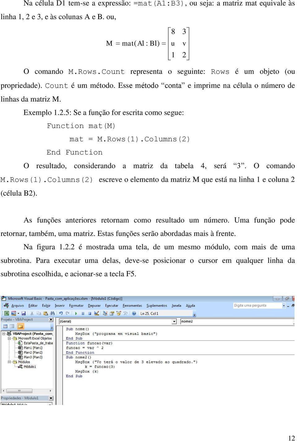 5: Se a função for escrita como segue: Function mat(m) mat = M.Rows(1).Columns(2) O resultado, considerando a matriz da tabela 4, será 3. O comando M.Rows(1).Columns(2) escreve o elemento da matriz M que está na linha 1 e coluna 2 (célula B2).