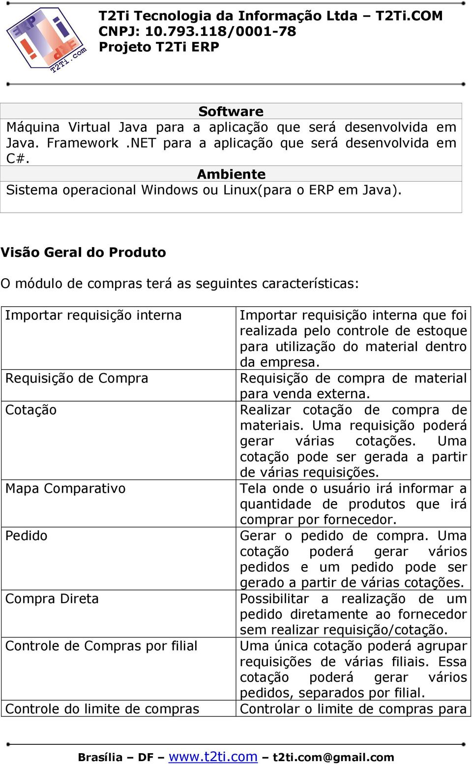 Visão Geral do Produto O módulo de compras terá as seguintes características: Importar requisição interna Requisição de Compra Cotação Mapa Comparativo Pedido Compra Direta Controle de Compras por