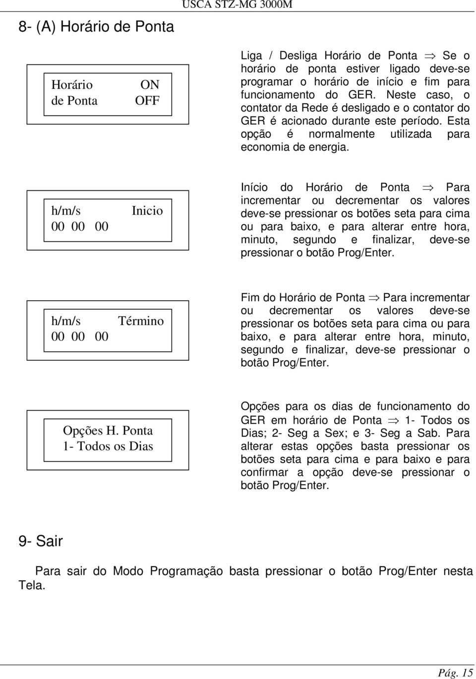 h/m/s 00 00 00 Inicio Início do Horário de Ponta Para incrementar ou decrementar os valores deve-se pressionar os botões seta para cima ou para baixo, e para alterar entre hora, minuto, segundo e