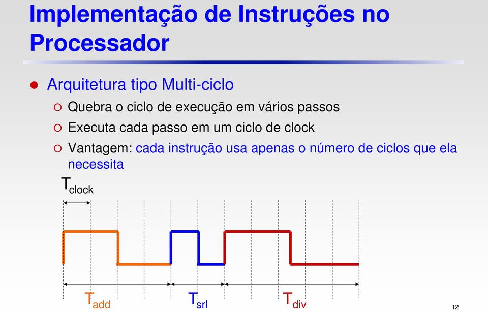 cada passo em um ciclo de clock Vantagem: cada instrução usa