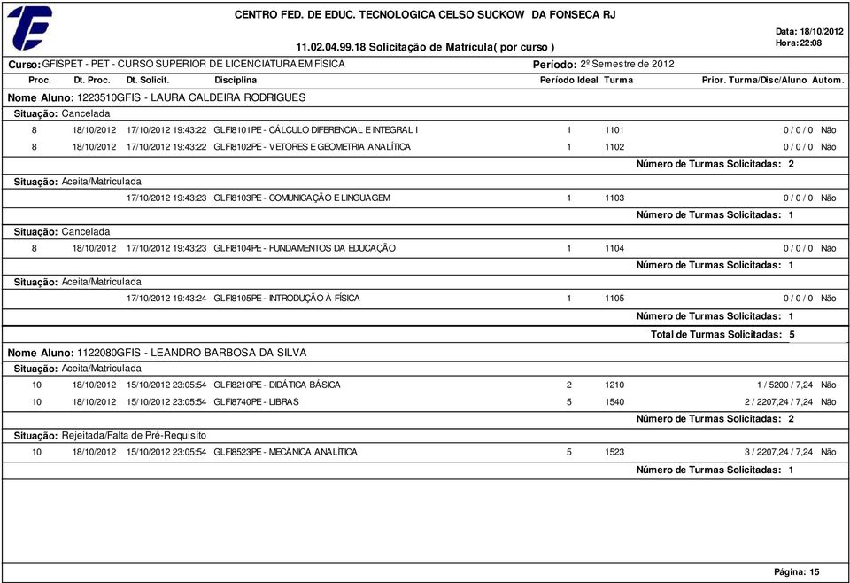 Nome Aluno: 0GFIS - LAURA CALDEIRA RODRIGUES Situação: Cancelada 8 8/0/0 /0/0 9:: GLFI80PE - CÁLCULO DIFERENCIAL E INTEGRAL I 8 8/0/0 /0/0 9:: GLFI80PE - VETORES E GEOMETRIA ANALÍTICA Situação: