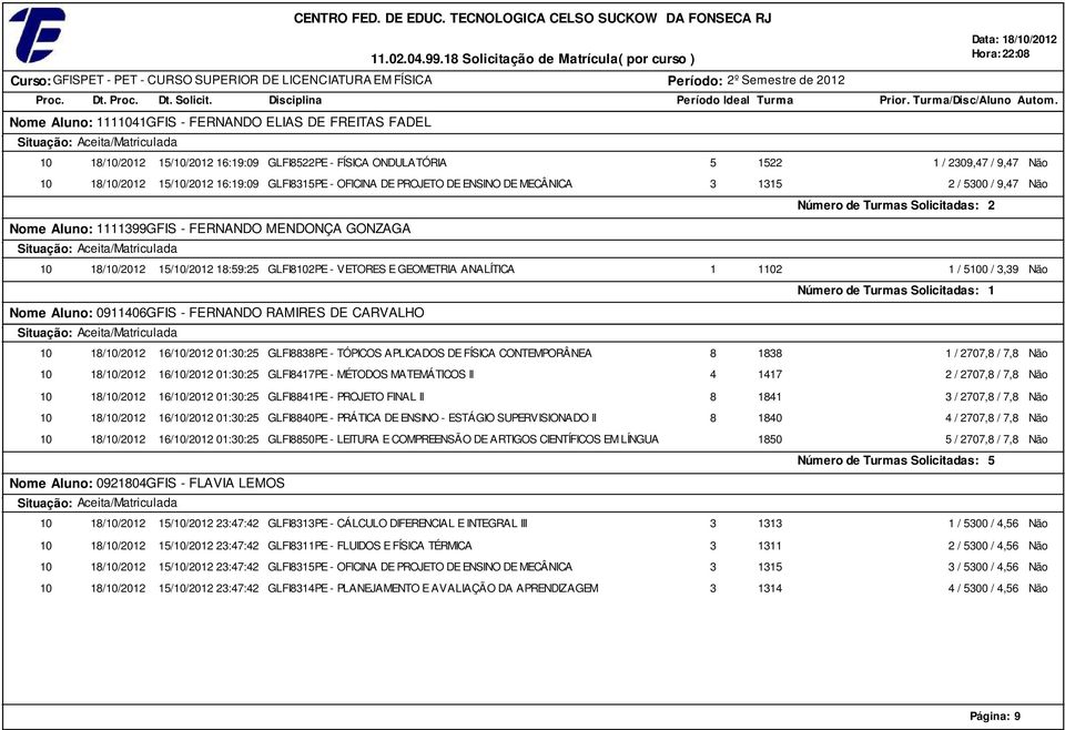 Nome Aluno: 0GFIS - FERNANDO ELIAS DE FREITAS FADEL 0 8/0/0 /0/0 :9:09 GLFI8PE - FÍSICA ONDULATÓRIA 0 8/0/0 /0/0 :9:09 GLFI8PE - OFICINA DE PROJETO DE ENSINO DE MECÂNICA Nome Aluno: 99GFIS - FERNANDO