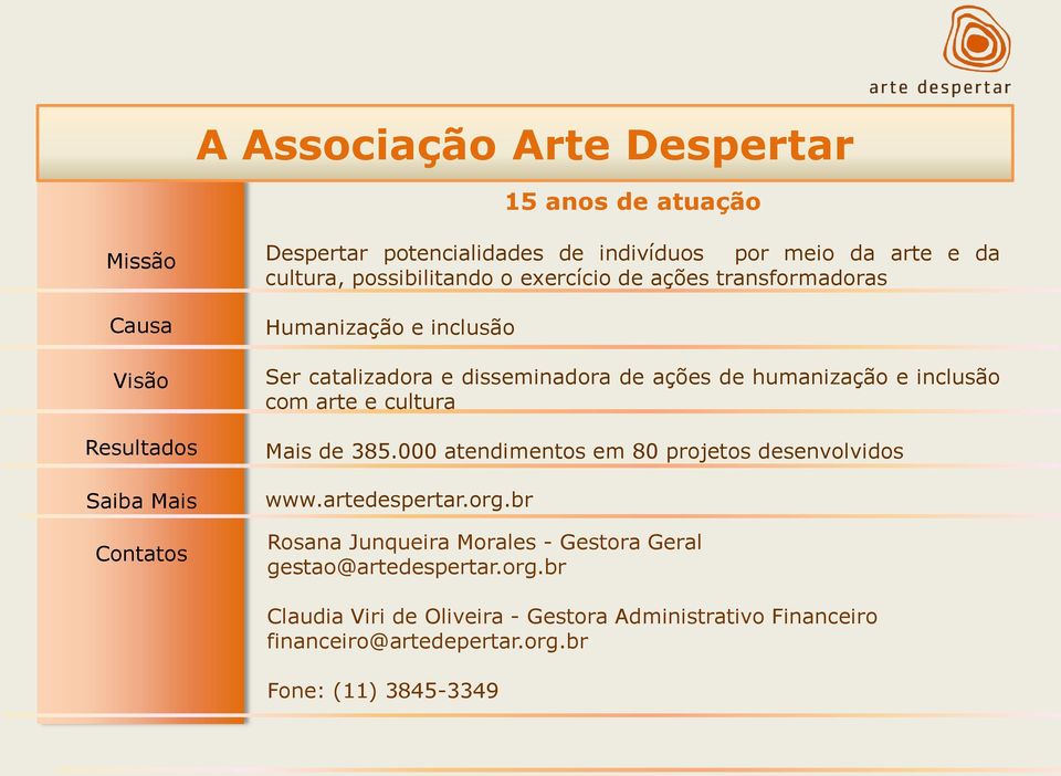 humanização e inclusão com arte e cultura Mais de 385.000 atendimentos em 80 projetos desenvolvidos www.artedespertar.org.