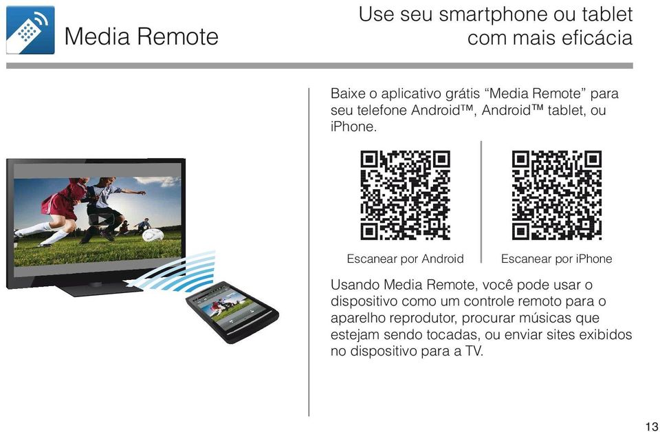 Escanear por Android Escanear por iphone Usando Media Remote, você pode usar o dispositivo como um