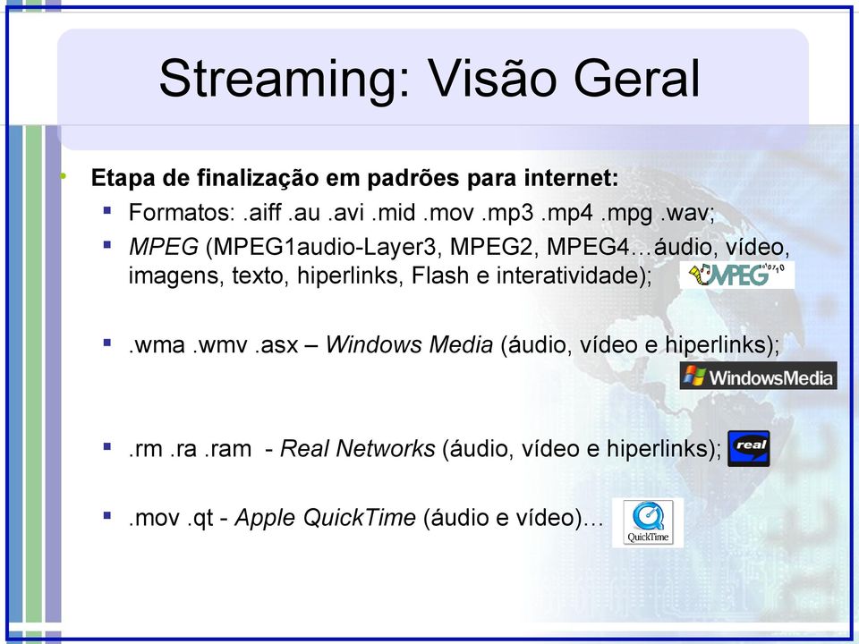 wav; MPEG (MPEG1audio-Layer3, MPEG2, MPEG4 áudio, vídeo, imagens, texto, hiperlinks, Flash e