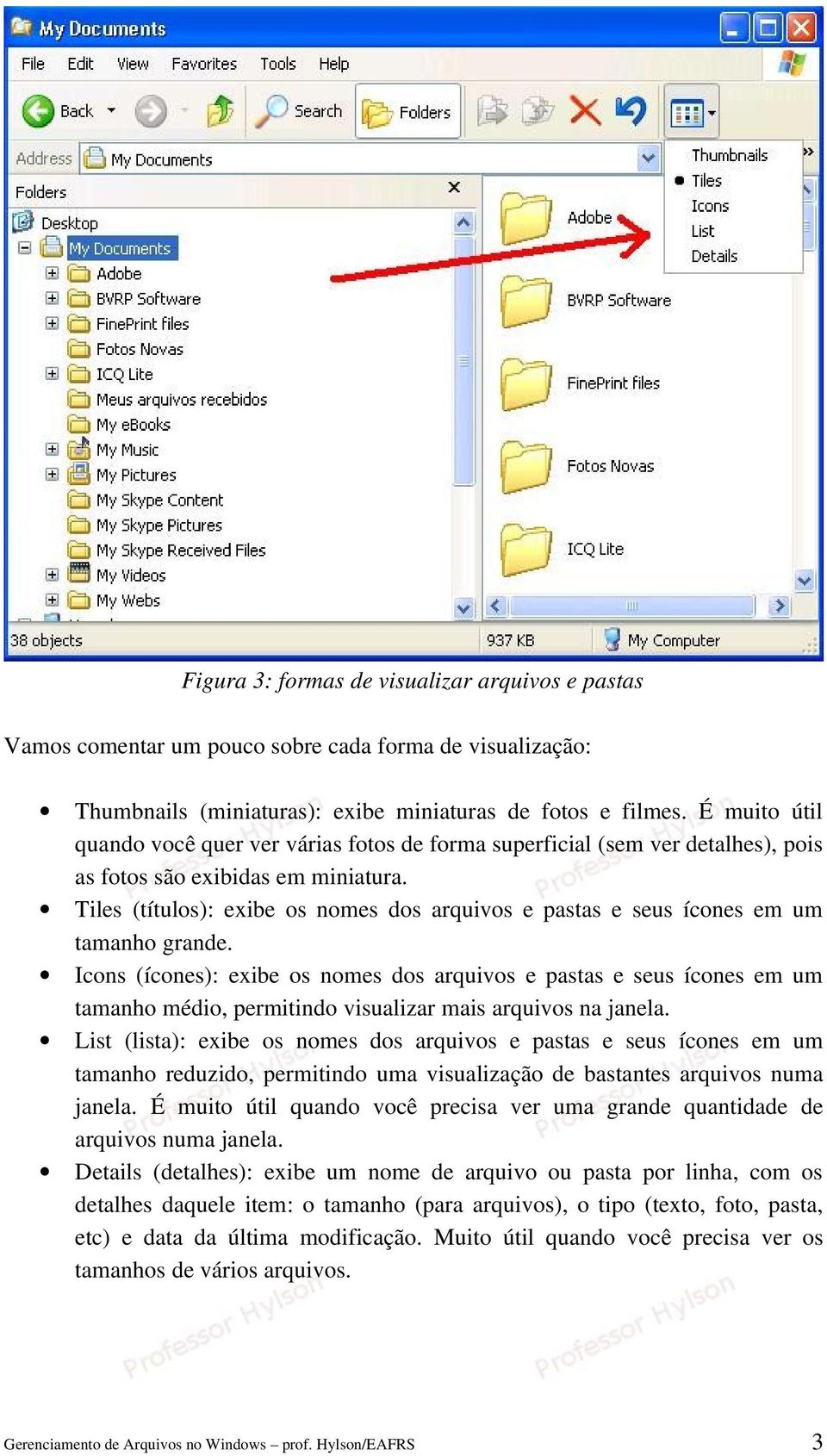 Tiles (títulos): exibe os nomes dos arquivos e pastas e seus ícones em um tamanho grande.